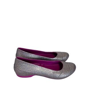 Crocs Womens Glitter Ballet Flats Size 7 Silver Magenta Sparkle Slip On Shoes